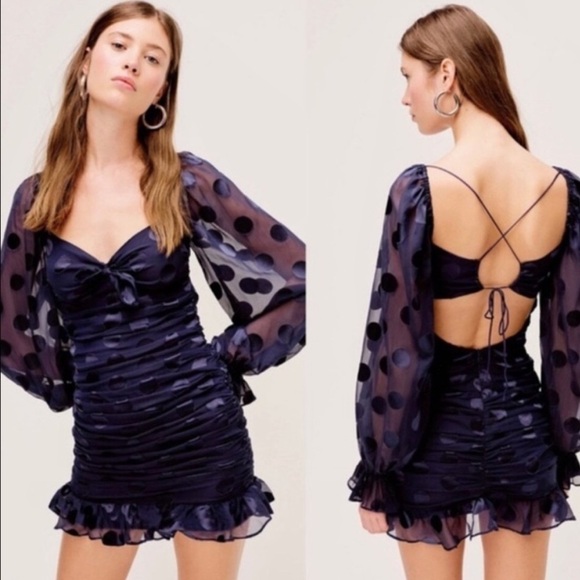 For Love And Lemons Lula Mini Dress Ruched Ruffle Navy Blue Dot Long Puff Sleeve - Picture 3 of 16